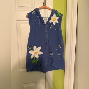 Vintage 90s Quacker Factory Flower and Bees Knit Hooded Sweater Vest Size Large